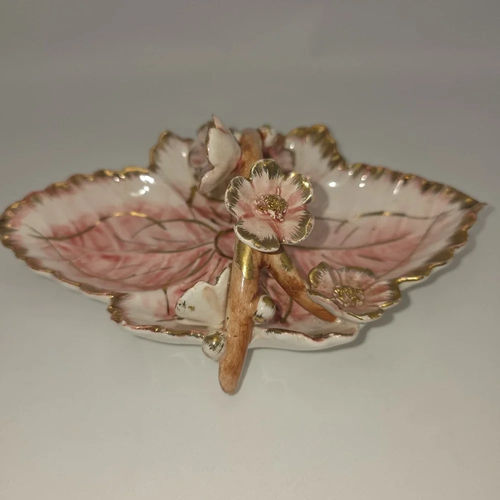Vintage Italian Porcelain Pink Floral Gold Trimmed Trinket Dish